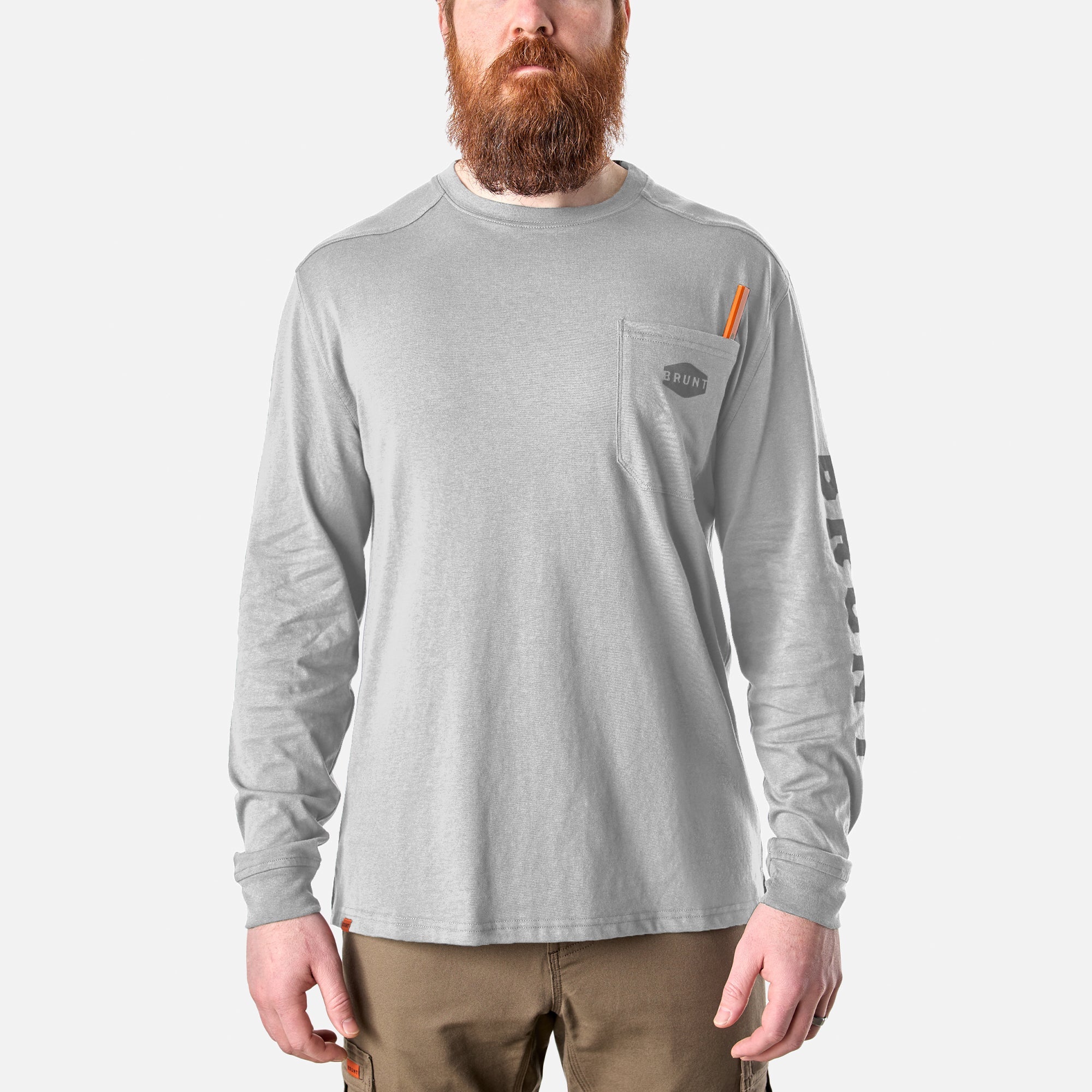 View 1 front of the BRUNT high quality long sleeve pocket tee in light grey heather * 0