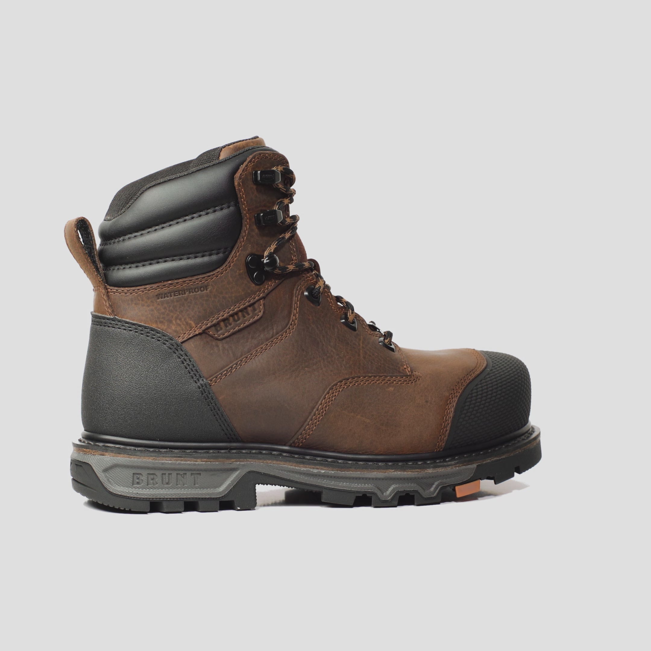 View 2 animated 360 rotating image of the BRUNT 6 inch waterproof welted composite toe mulder work boot with 90 degree defined heel in brown