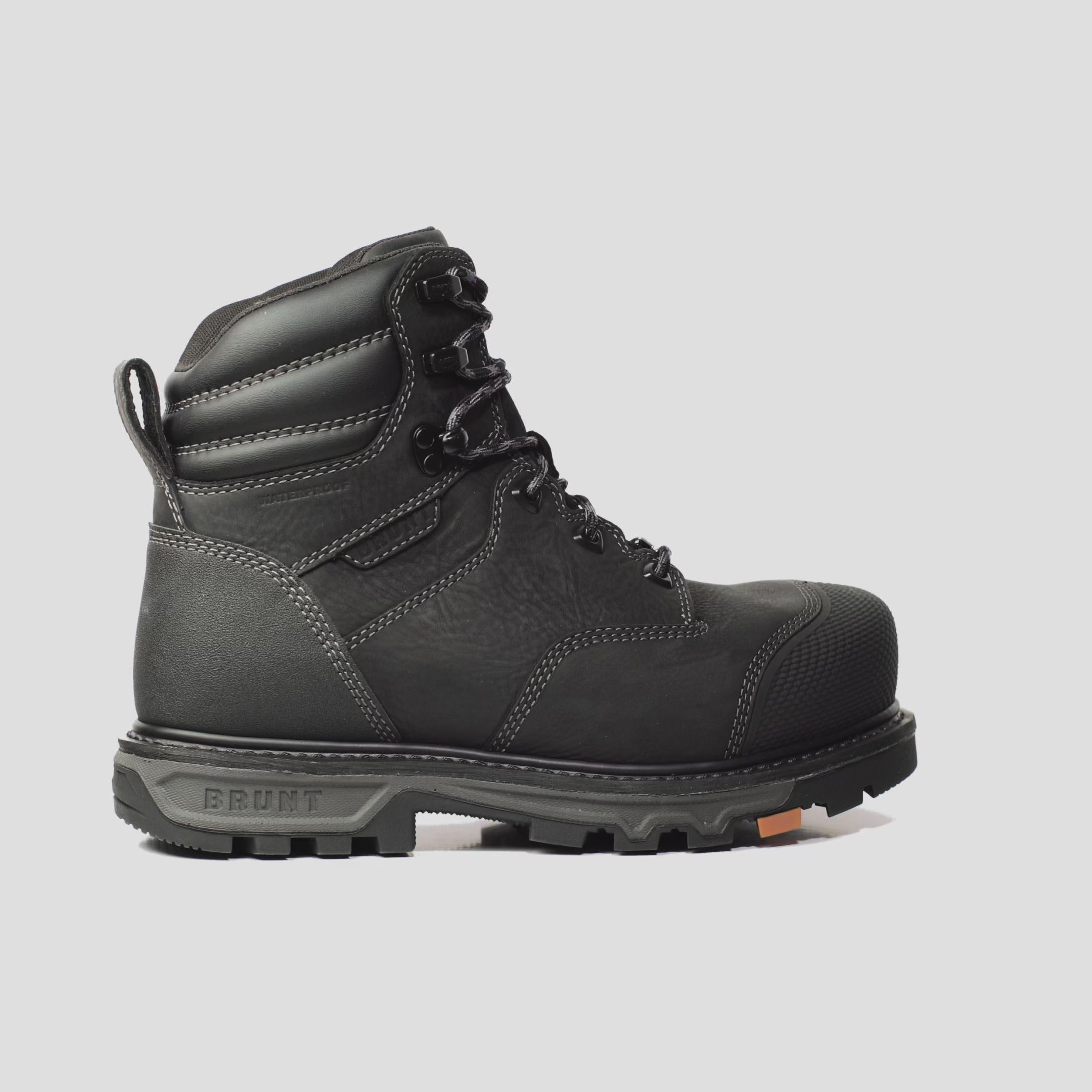 View 2 animated 360 rotating image of the BRUNT 6 inch waterproof welted composite toe mulder work boot with 90 degree defined heel in black